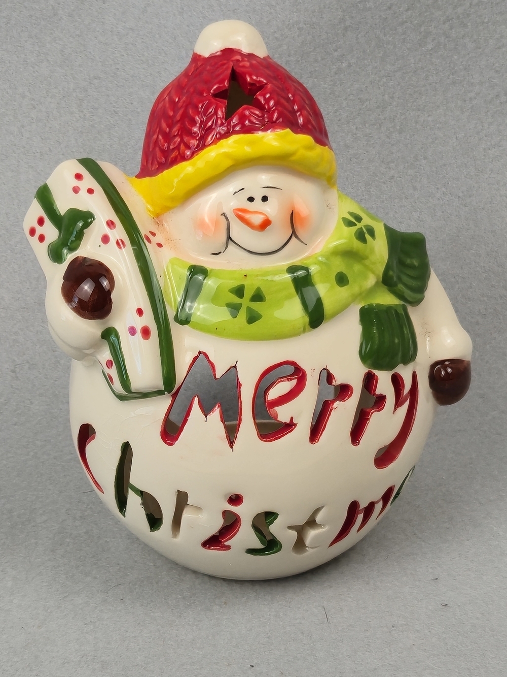 Vintage Ceramic Snowman Tea Light Holder Christmas Merry Decor 6” Tall